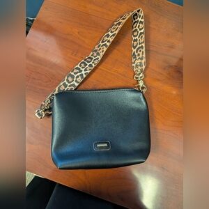 Black Vegan Leather Bag with Leopard Print Strap